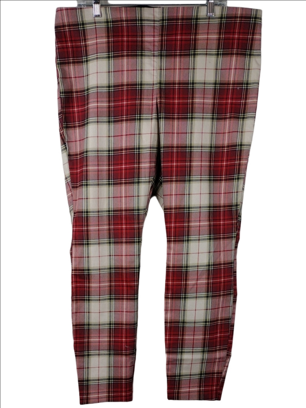 H&M Red Cream Tartan Plaid High Rise Flat Front Pull On Straight Leg Crop Pant